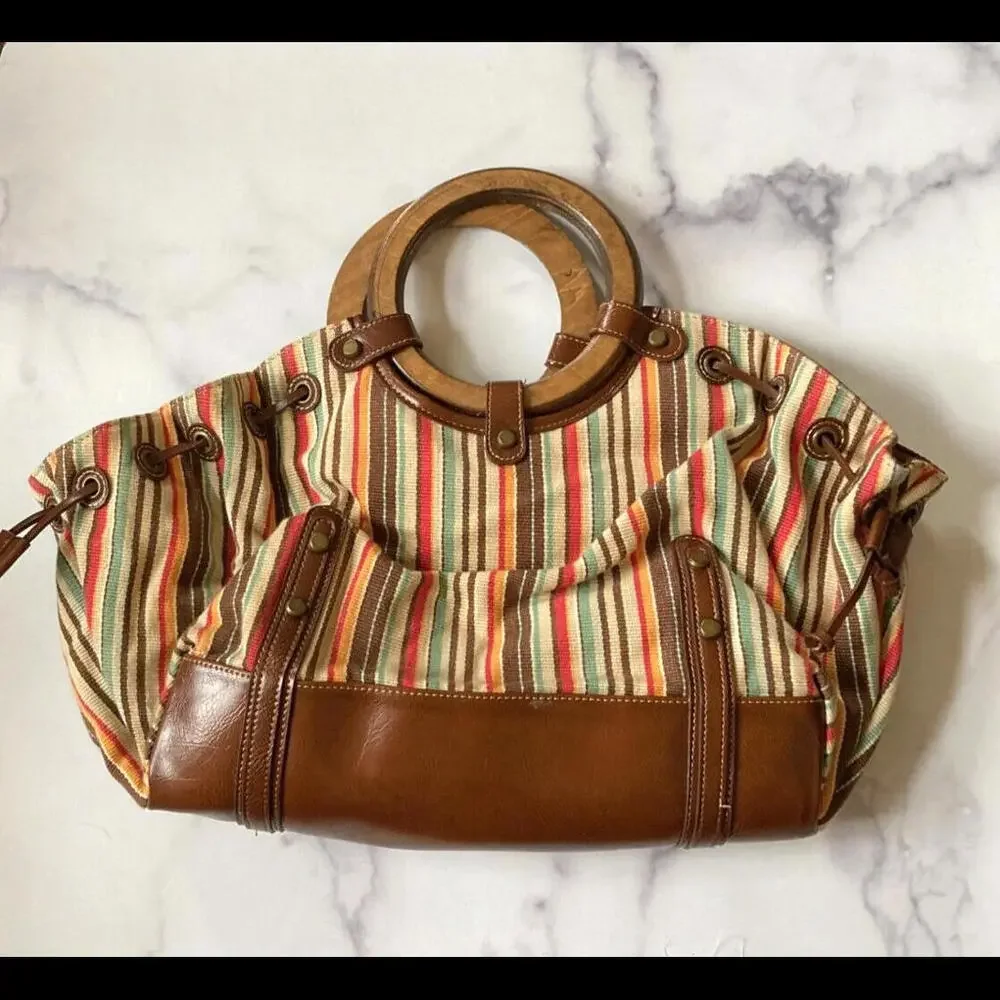 Woven Rattan Leather Striped Vintage Wooden Top Handle Hobo Bag